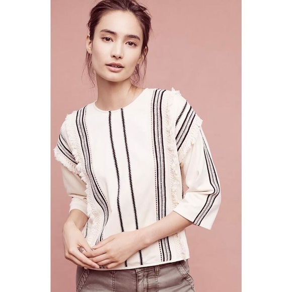 Eri & Ali Tops - Anthropologie Eri & Ali Top Fringe Trim Black Cream Blouse Women Size Medium